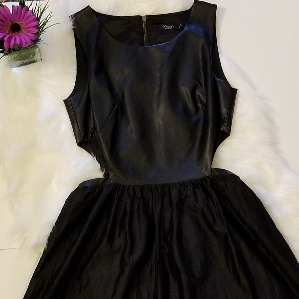 Suede Apparel Black LBD Faux Leather Cut Out Dress